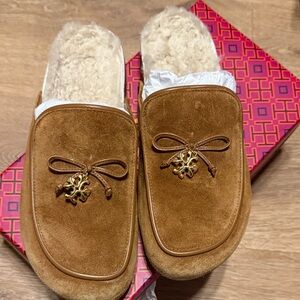 Tory Burch Brown Suede Mules with Gold Charm